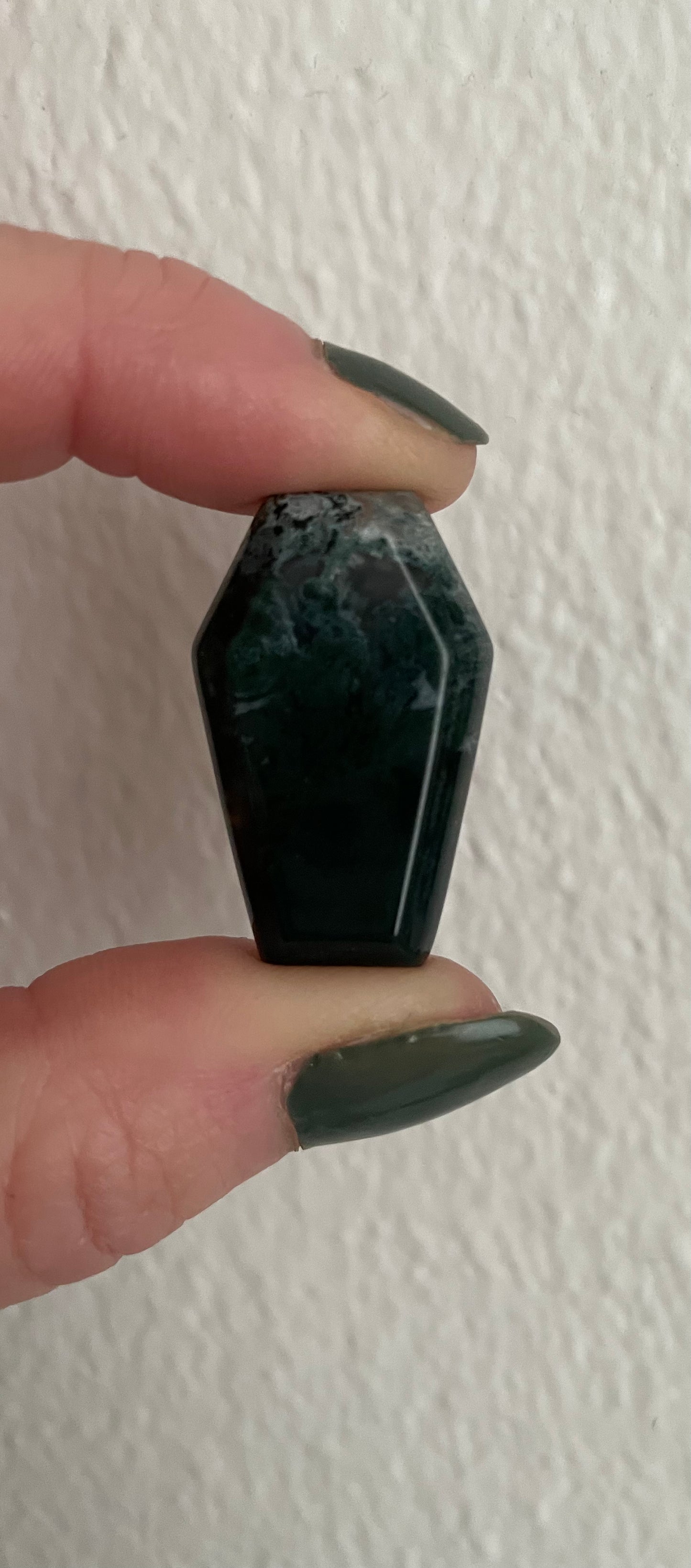 Moss Agate Coffin Carving